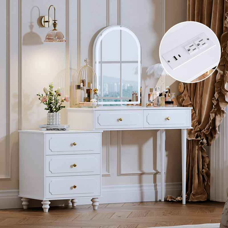 Keyrah Vanity Desk with 3 Color Touch Screen Dimming Mirror, Makeup Dressing Table with Power Strip, White