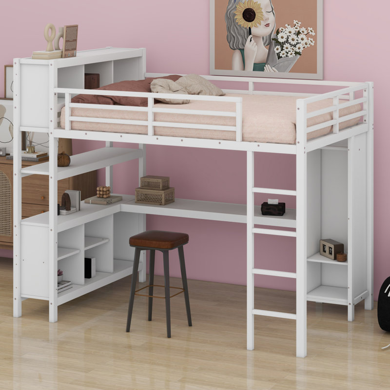 Lit mezzanine en métal avec garde-robe et bureau en L, avec cubes de rangement et tablettes, Blanc