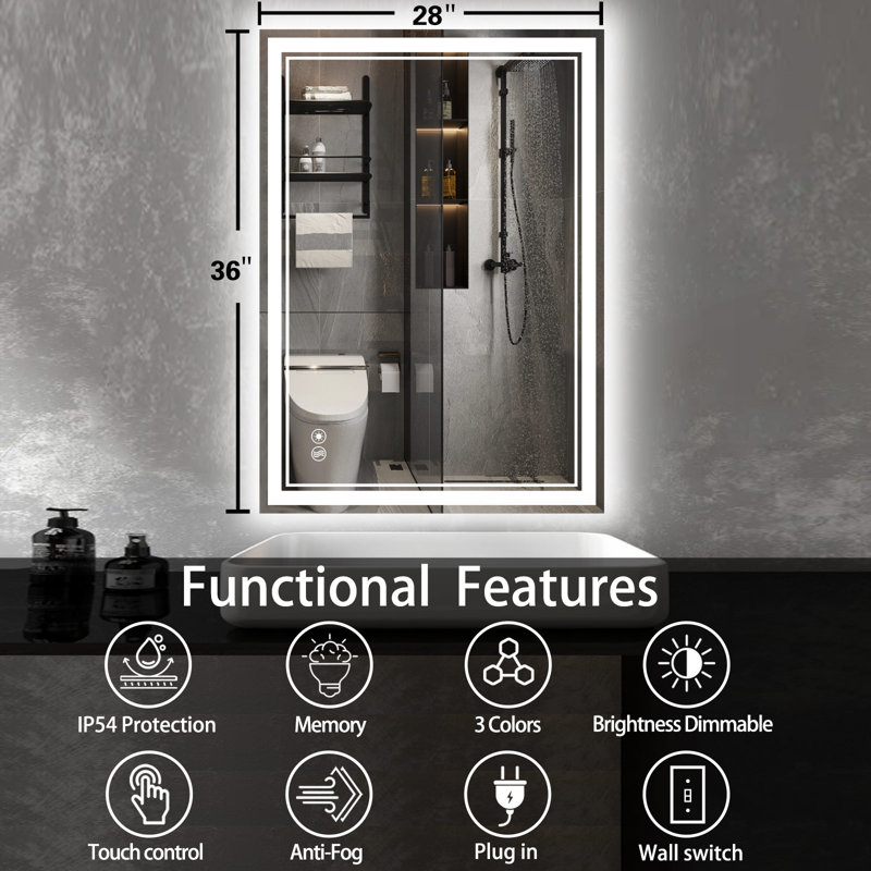 Bathroom Mirror with Lights Anti-Fog Dimmable Lighting 3 Colors  LED Bathroom Mirror Brightness Wall Mounted Easy To Set Up  Horizontal/Vertical