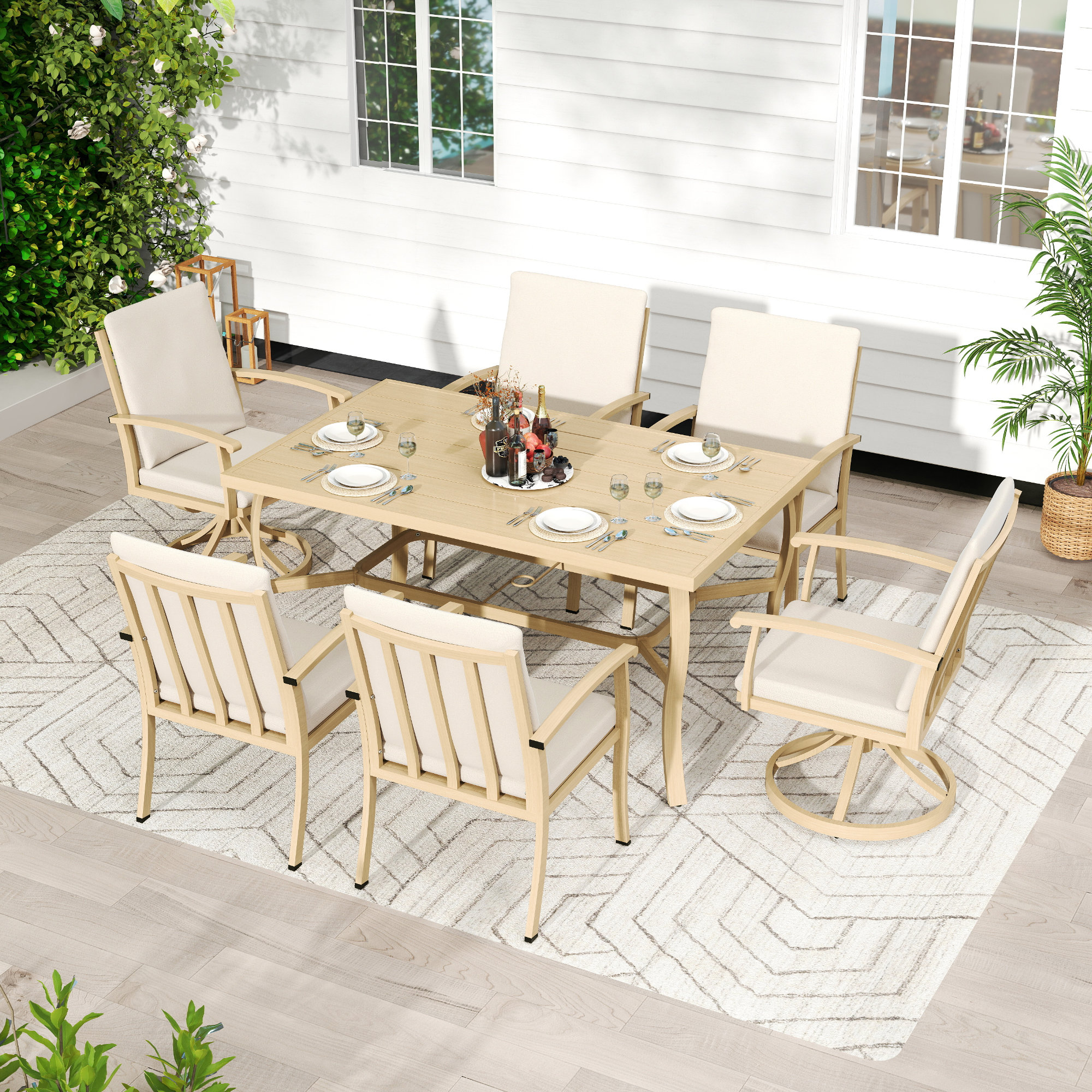 Colby Aluminum Patio Dining Set With 2 Swivel Dining Chairs, Dining Chairs And Washable Cushions, Beige, 6