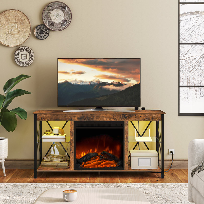 Rustic Brown Electric Fireplace TV Stand with Glass Shelves