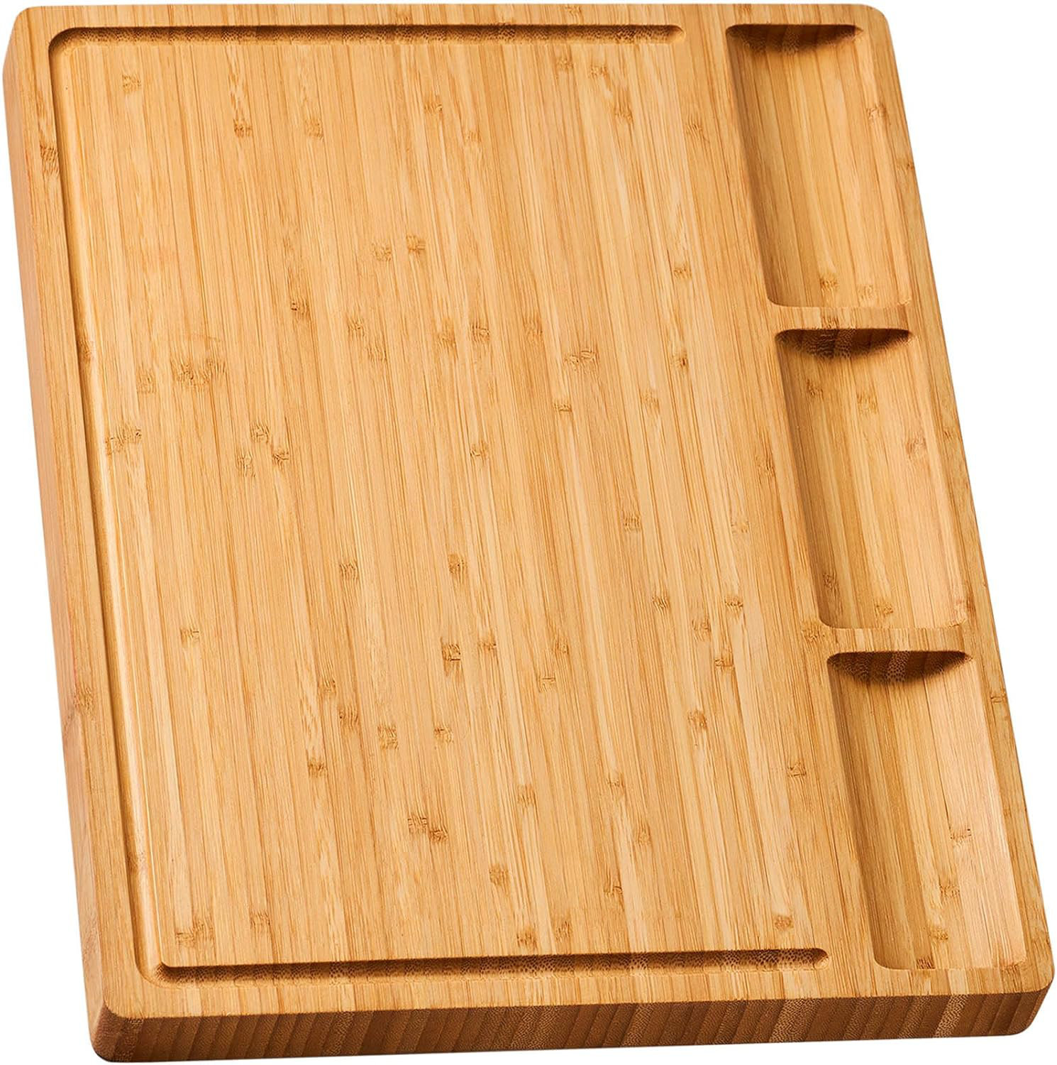 Bamboo Cutting Boards for Kitchen, (Set of 3) Kitchen Chopping Board with 3  Built-In Compartments and Juice Groove Heavy Duty Serving Tray Wood