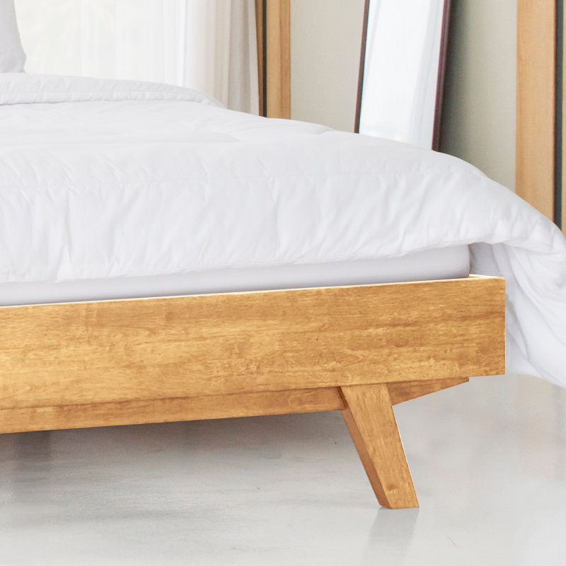 Structure de lit plateforme en bois massif avec tête de lit - Style moderne Mid-Century, grain de bois sculpté, assemblage facile avec outil intelligent, aucun sommier tapissier requis