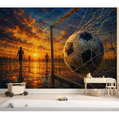 Papier peint adhésif peler et coller ballon de soccer poteau de but coucher de soleil style artistique vibrant autocollant amovible papier contact mural pour salon chambre à coucher H 100 po x l 144 po