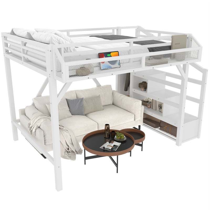Full Loft Bed with Storage Stairs, Shelves and Built-in Wardrobe, Metal Loft Bed Frame with USB Ports and LED Lights, Noise-reduced Design, White