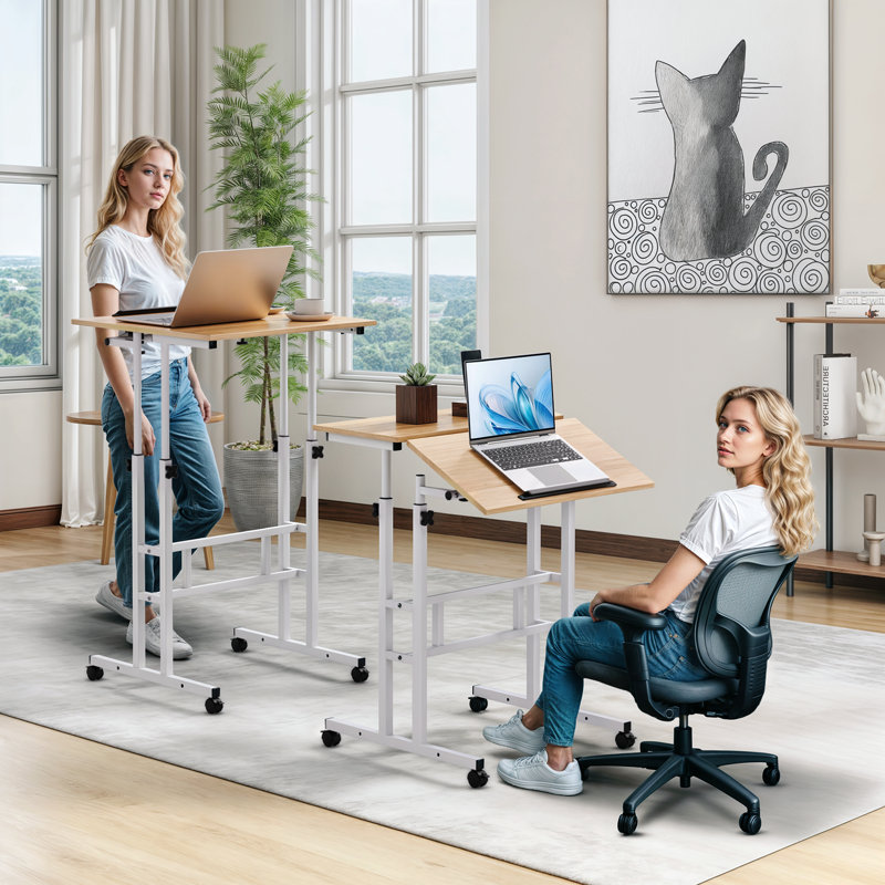 Bureau d'ordinateur avec table inclinable, petit bureau ajustable avec tablette pour bureau, Naturel / Blanc