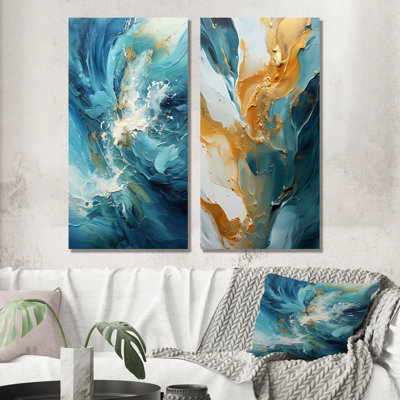 Océan, blanc et bleu, courants, fractales, ensemble de 2 reproductions d'art mural en métal