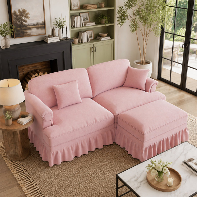 Canapé modulaire en L rose avec repose-pieds et jupes amovibles