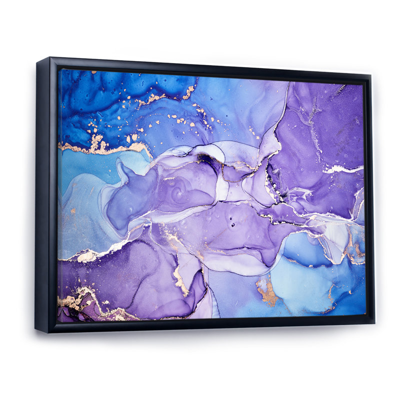 Bleu et mauve abstrait marbre I - peinture sur toile, H 30 po x l 40 po, Cadre flottant noir