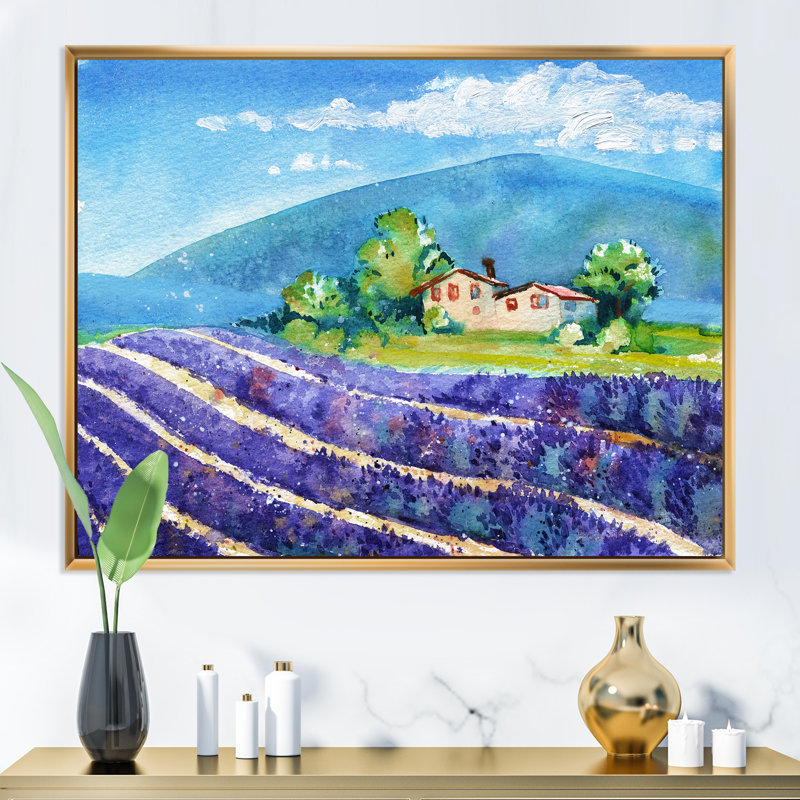 Beautiful Blooming Lavender Fields With House - Painting on Canvas, Gold Framed, 17" H x 33" W x 1" D