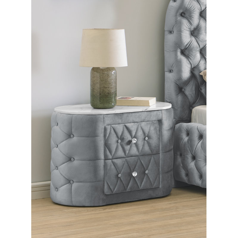 Table de chevet à 2 tiroirs avec plateau en faux marbre, Gris