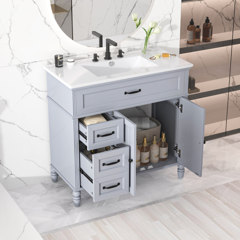 36" Single Bathroom Vanity With Ceramic Top, Light Gray, Black