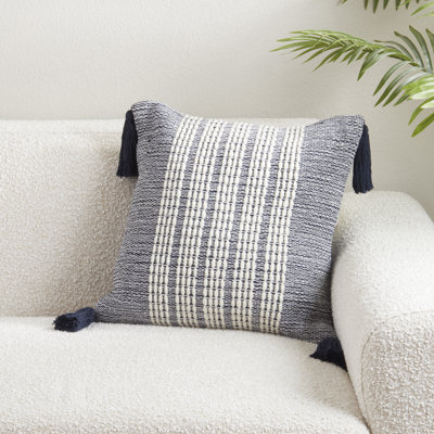 Woven Stripe Cotton-Wool Poly Filled Throw Pillow – Textured Vertical Pattern with Corner Tassels for Sofa, Bed & Accent Styling, 18"x18"