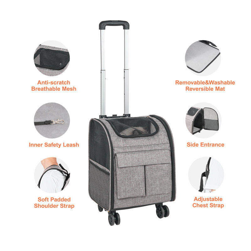 Rolling Pet Carrier Backpack With Removable Wheels For Under 18LBS, Large Soft Sided Wheeled Dog Carrier Cat Travel Carrier Airline Approved For Small Dogs And Medium Cats With Upgraded Wheels
