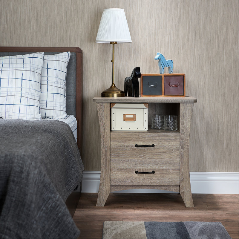 Table d'appoint rustique avec plateau en bois et rangement rectangulaire à 2 compartiments, Natural