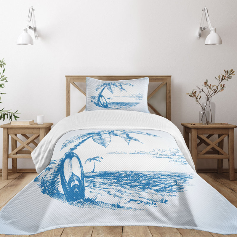 Twin White and Blue Quilted Bedspread Set