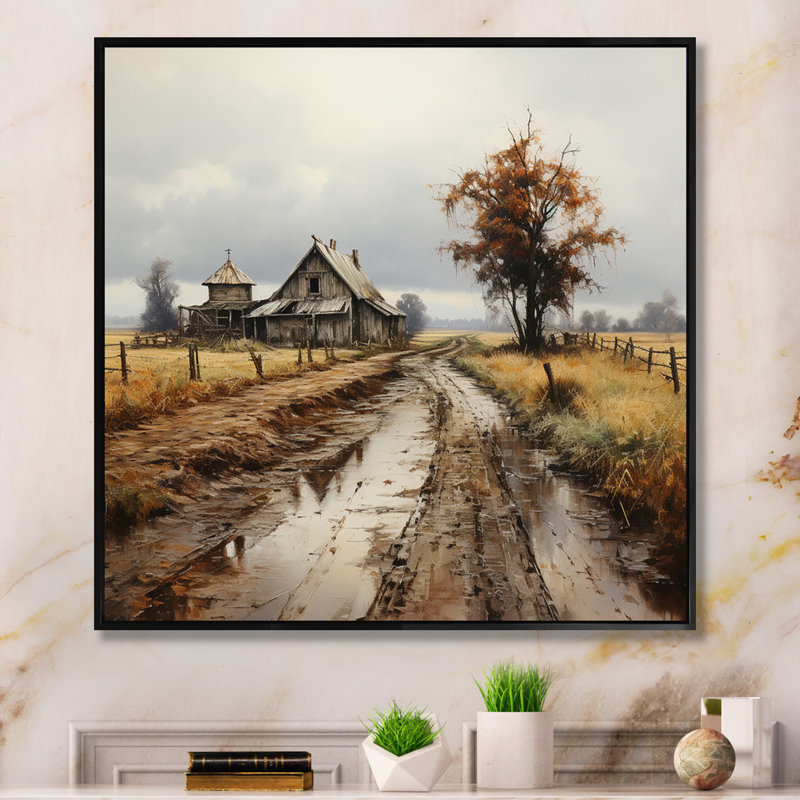 Barns Misty Morning sur toile, Cadre flottant noir, H 24 po x l 24 po x P 1 po
