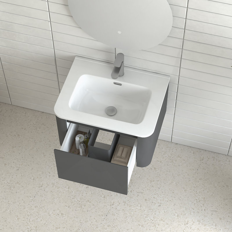Armoire de salle de bain murale avec lavabo flottant 30 po avec lavabo intégré en céramique blanche, Gris, 24"