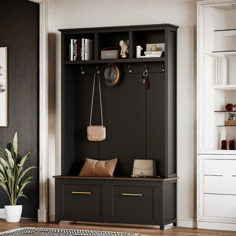 Versatile 4-in-1 Hall Tree With 6 Golden Hooks, Bench, Coat Rack And 2 Drawers, Black