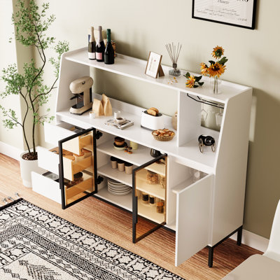 White Wood Sideboard With 3 Drawers, Glass Door, And Wine Cup Holder, Suitable For Storing Wine, Coffee Cups, Plates In Kitchen Ideal Dining Room Storage Decor