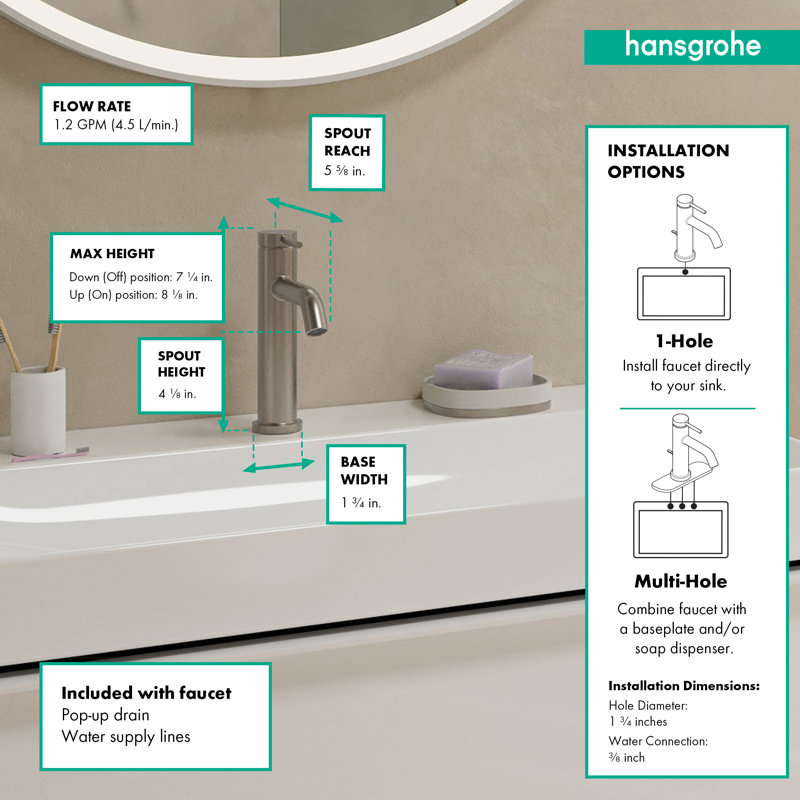 Robinet 110 à un trou avec drain escamotable hansgrohe Tecturis S, 1,2 gal / min, Nickel brossé