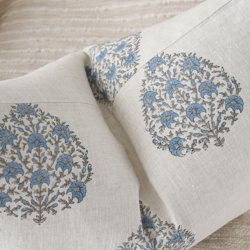 Blue Floral Block Print, 1 Pillow Set, Rectangle 16"H x 24"W