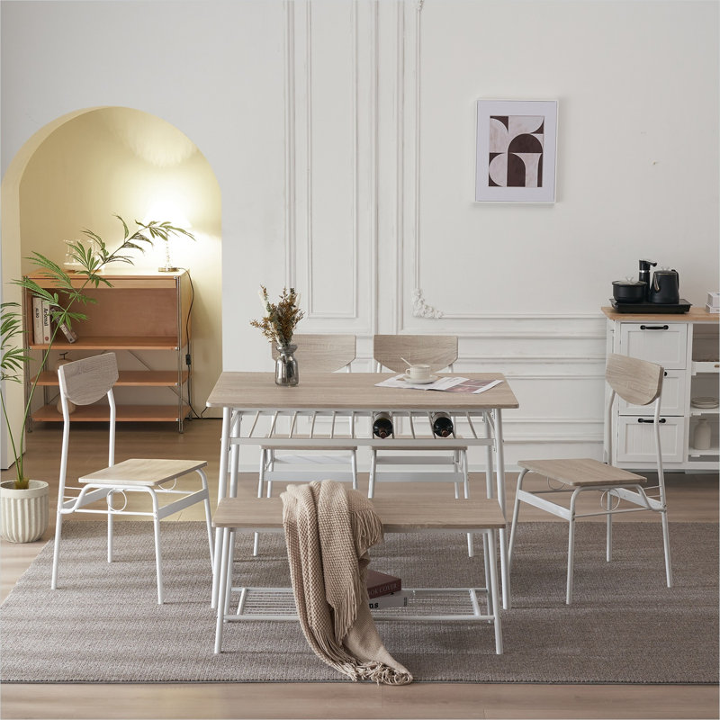 Ensemble de salle à manger de couleur chêne blanc avec rangement, structure en métal et en fer, en panneaux MDF.