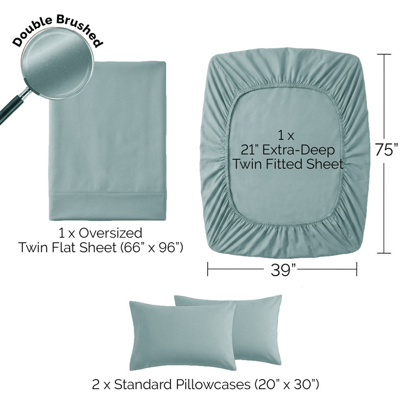 Southshore Fine Linens Vilano Springs Extra Deep Pocket 4-Piece Sheet Set, Ultra Soft Double-Brushed 110 GSM Microfiber Bedding, 21-Inch Deep Pocket, 2 Pillowcases, Twin, Steel Blue
