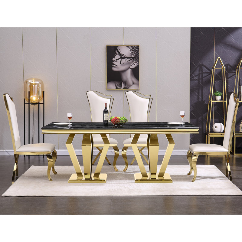 White Faux Leather and Gold Metal Parsons Dining Chairs Set of 6