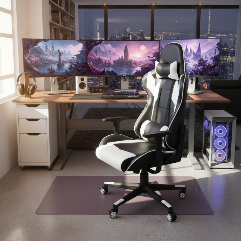 White High-Back Ergonomic Chair, Genuine Leather, With Headrest And Lumbar Support, Adjustable And Swivel, Suitable For Office/Gaming/Administrative Settings.