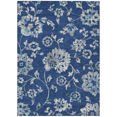 3' X 5' Navy Blue And Gray Floral Washable Indoor Outdoor Area Rug