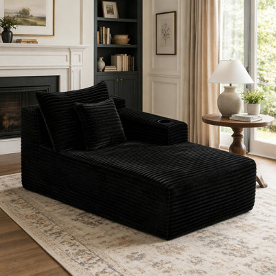 Chaise longue longue de 37,5 pouces avec velours noir moelleux, porte-gobelet, assorti et flexible, principalement pour le salon.