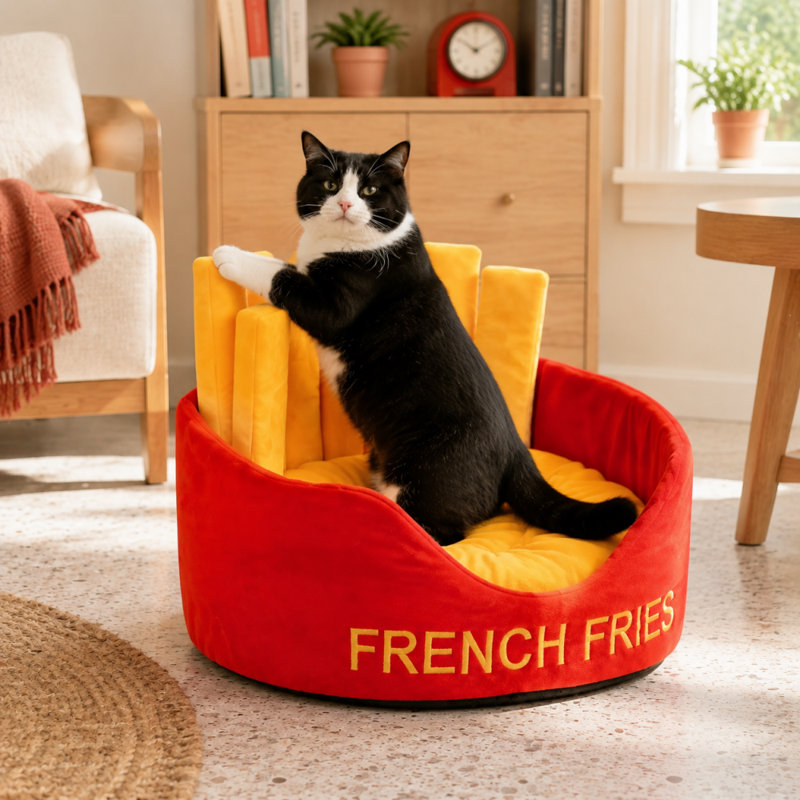 Lit pour chat fermé de style frites, maison-grotte créative pour animal de compagnie avec coussin moelleux épais, nid douillet pour chats et petits chiens