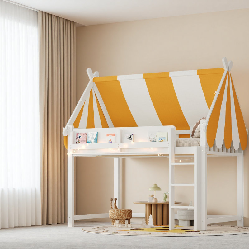 Lit mezzanine avec auvent, lumières DEL et étagère à livres, Lit double, Blanc