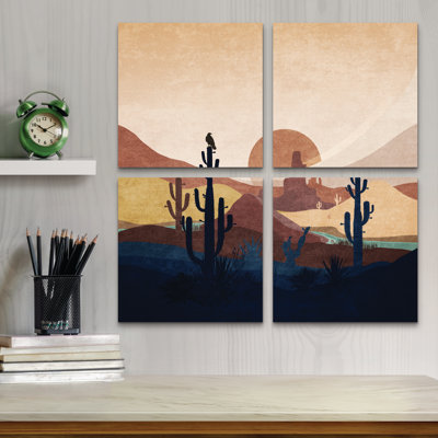 Ensemble de 4 panneaux muraux - Emel Tunaboylu «Blue Western Cactus 01», art mural sur toile pour le salon, la chambre à coucher ou le bureau 