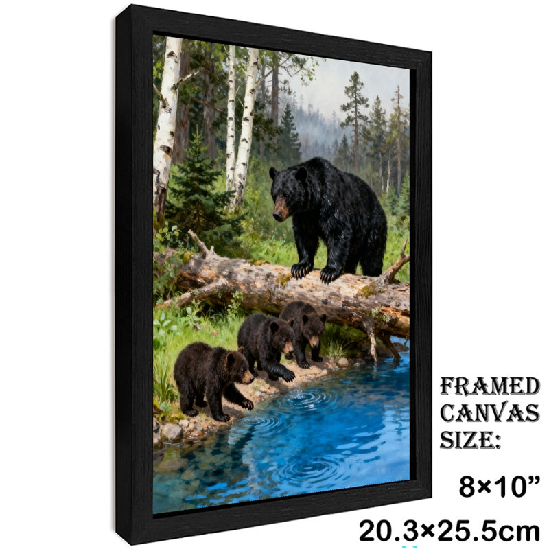 Reproduction d'art encadré noir, famille d'ours noirs et forêt, H 11 po x l 9 po