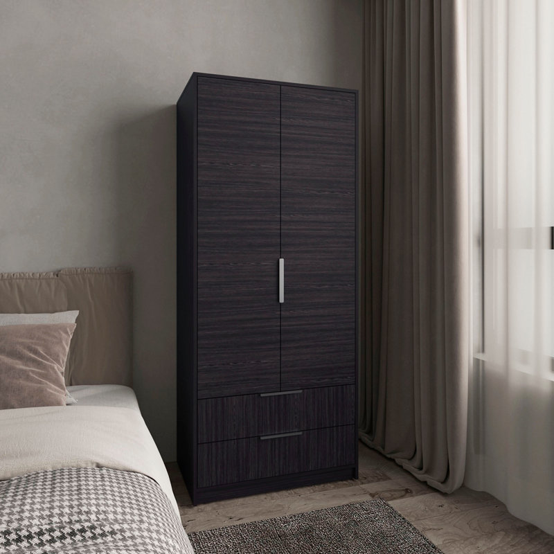Armoire à deux portes, deux tiroirs, une tige suspendue et des tablettes intérieures, garde-robe