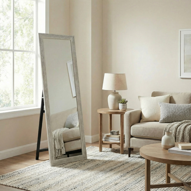 Miroir pleine grandeur en bois massif de 21 po x H 64 po avec support pour le salon Miroir autoportant pour commode de chambre à coucher