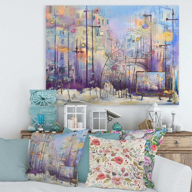 Paysage urbain pastel abstrait - peinture sur toile, Toile tendue, H 16 po x l 32 po x p 1 po