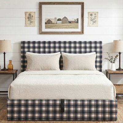 Modern Farmhouse Full Linen Upholstered Lift-Up Storage Platform Bed with Plaid Headboard, Black And White Plaid