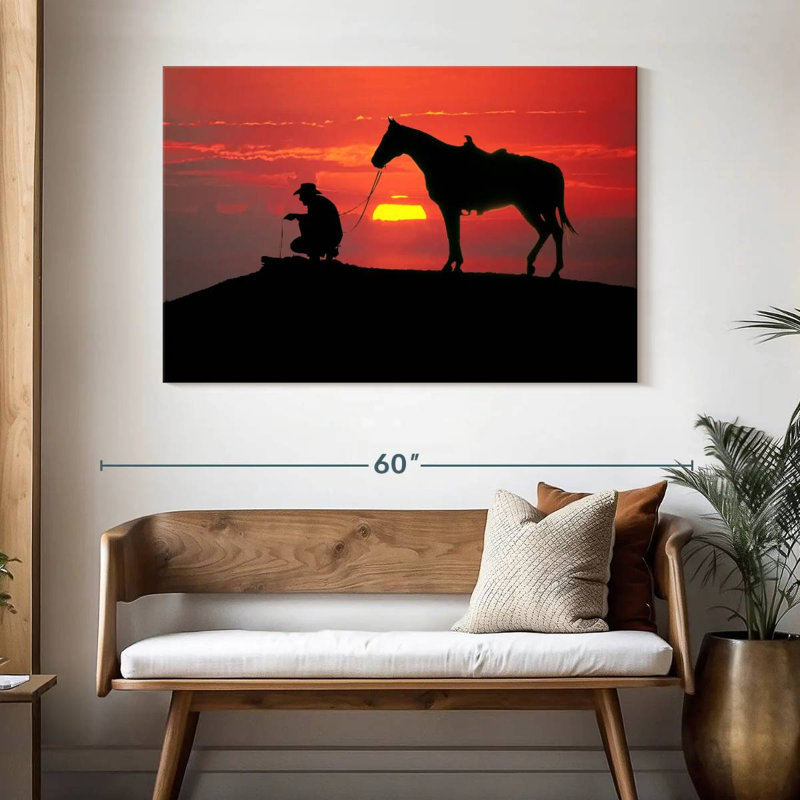 Cowboy du Texas au coucher du soleil, H 32 po x l 48 po