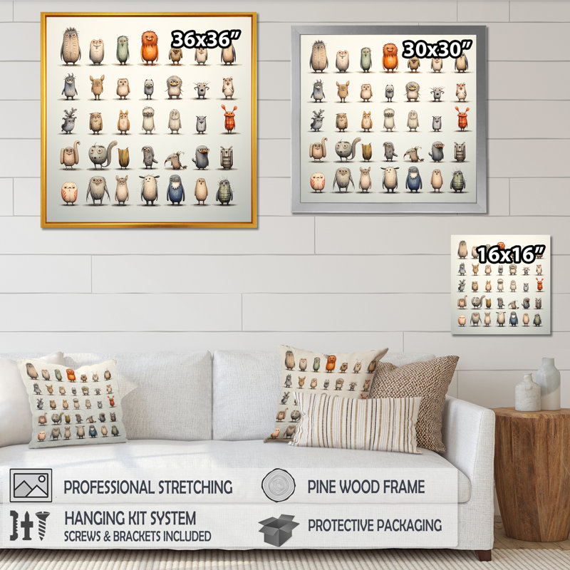 Grey Childrens Monsters Nursery Pattern I - Animals Wall Art Print, Gold Single Picture Framed, 30" H x 30" W x 1.5" D