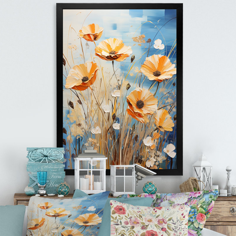 «Yellow Calm Cornflowers Meadows» - Art mural bleuets, Cadre photo noir simple, H 20 po x l 12 po x P 1 po