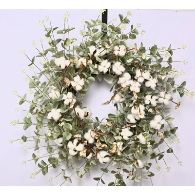 26" Farmhouse Eucalyptus Cotton Fall Harvest Front Door Wreath