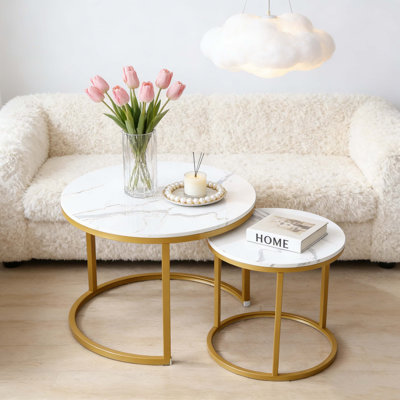 Set 2 Coffee Table Nesting White And Gray Top  Golden Frame Circular Round And Marble Pattern Wooden Tables, Living Room Bedroom Apartment Modern Industrial Simple Nightstand