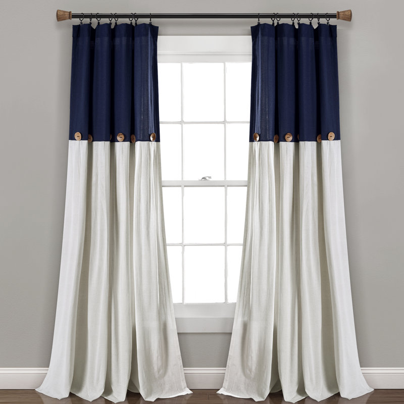 Navy and Off-White Linen Blend Light-Filtering Pleated Curtain Panel