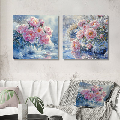 Pivoines au bord de la rivière gelée I - Art mural pivoines - Art mural traditionnel, toile 2 pièces