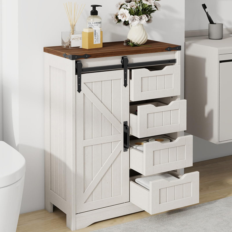 White Rustic Farmhouse Bathroom Storage Cabinet, 4 Drawers Sliding Door Freestanding Floor Organizer for Kitchen & Living Room