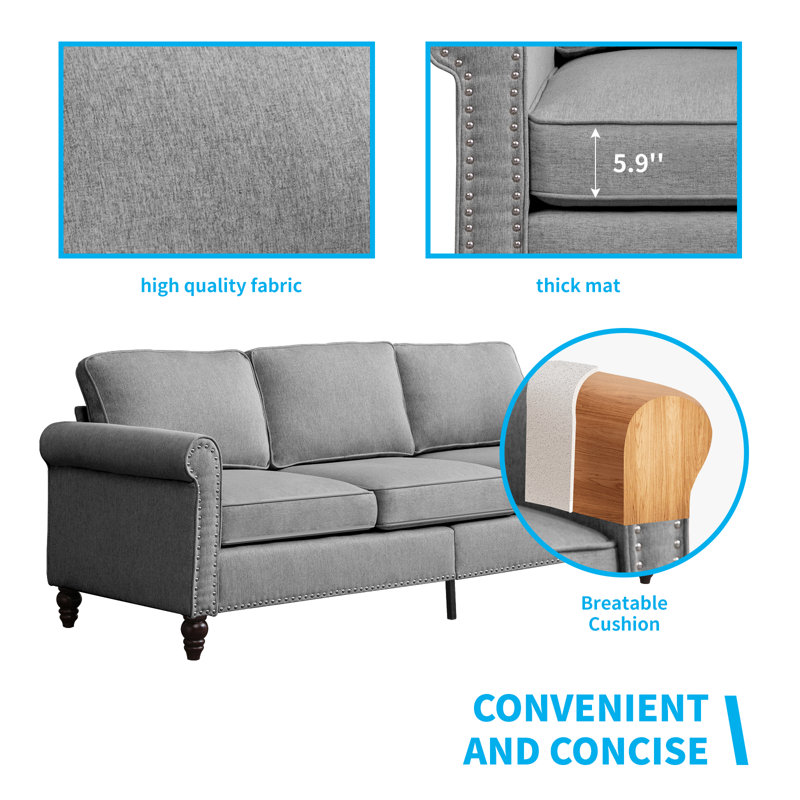 Ensemble de meubles de salon 3 pièces, ensemble de canapé rembourré en lin Mid-Century, gris clair, Lin de coton gris clair