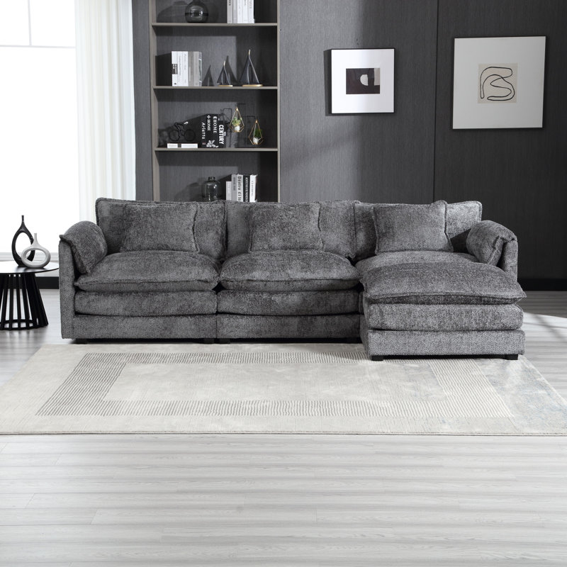 112" Oversized L-shaped Chenille Cloud Sectional Sofa – Modular Sleeper With Memory Foam & Moveable Ottoman, Gray Chenille 
